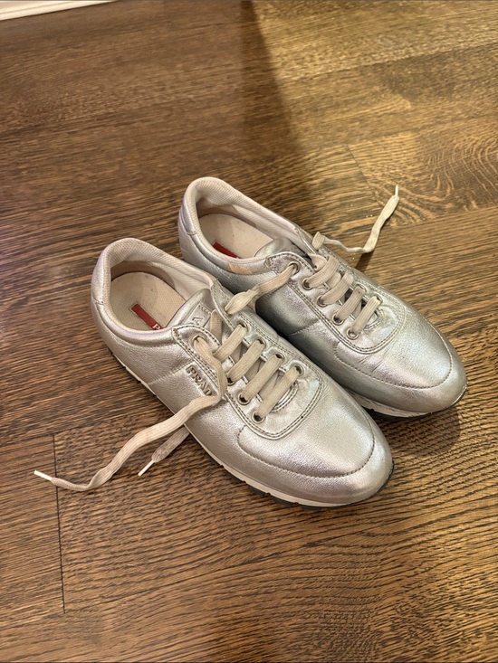 Prada Shoes - Prada Metallic Silver Lace-Up Sneakers